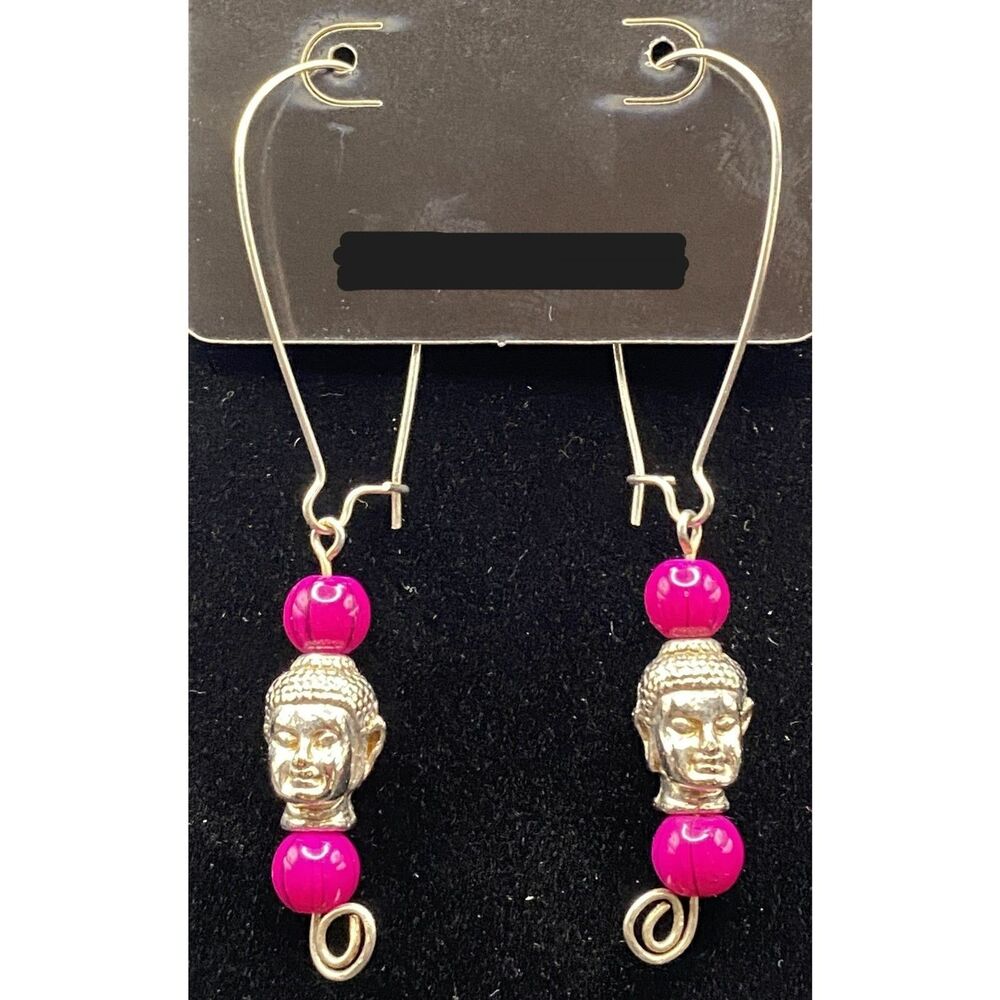 Handmade Buddha & Magenta Pink Black Striped Beads Earrings by Neanie-Bot